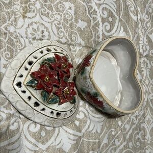 Heart-Shaped Ceramic Trinket Box with Red Flowers